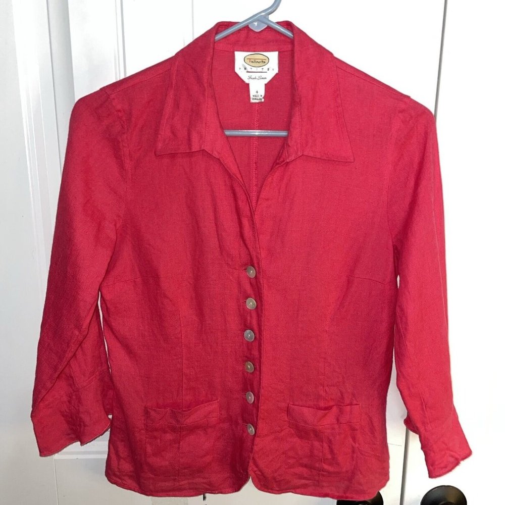 Talbots Women’s Petites SZ 4 Linen 3/4 Sleeve Shirt Button Front Pockets Fuschia